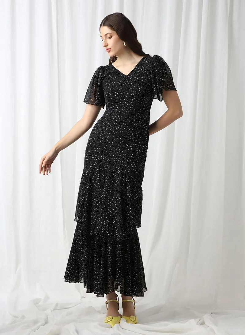 globus Globus Women Black V-Neck Flared Sleeves Polka Dot Georgette Layered Fit & Flare Maxi Party Dress